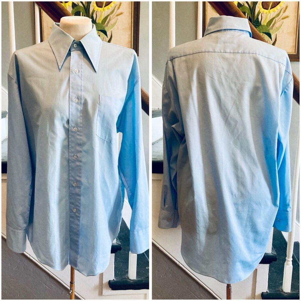 1970s Pale Sky Blue Men’s Dress Shirt With Big Dagger Collar Disco Mod Hippie